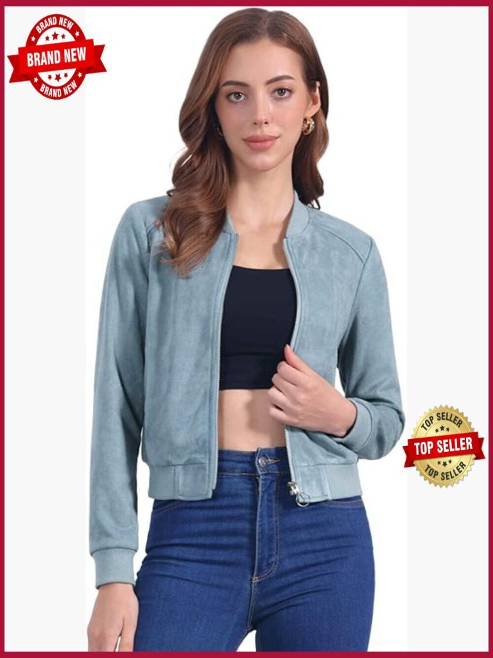 Faux Suede Cropped Biker Moto Bomber Jacket Stand Collar Zip Up